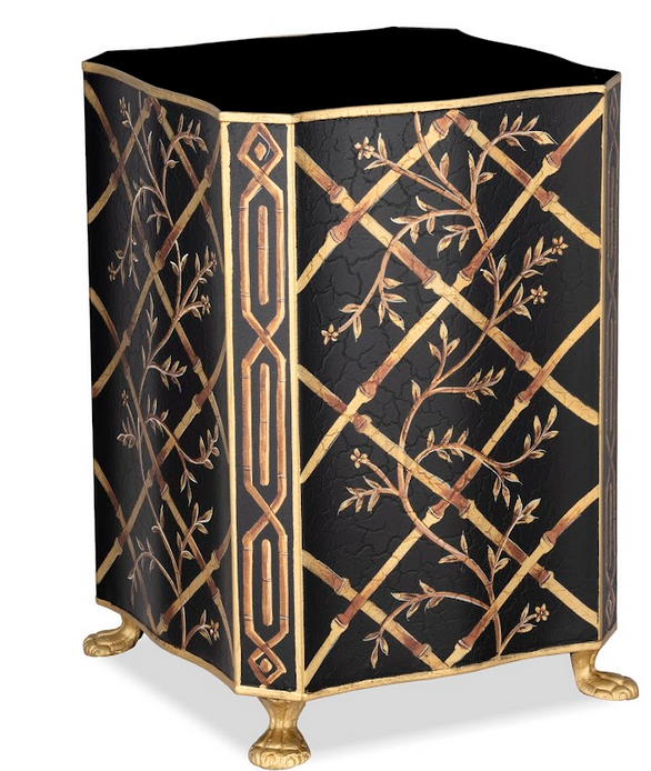 Decorative black and gold trash can with intricate patterns on a white background