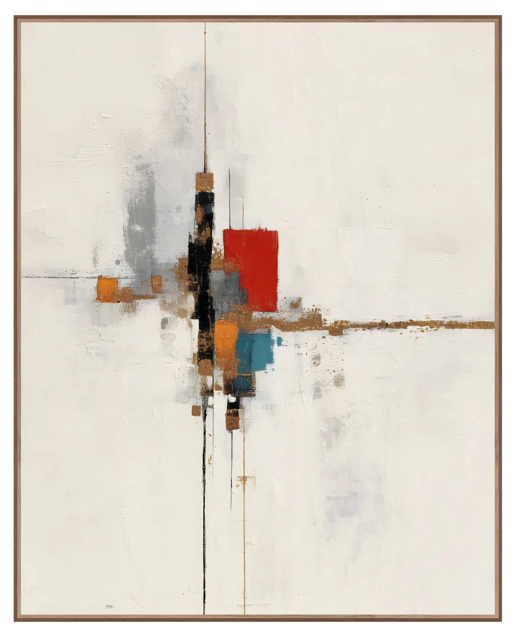 Abstract white and neutral canvas with red, teal, charcoal, and golden-ochre accents in a walnut floating frame, 40 x 50 satin canvas print