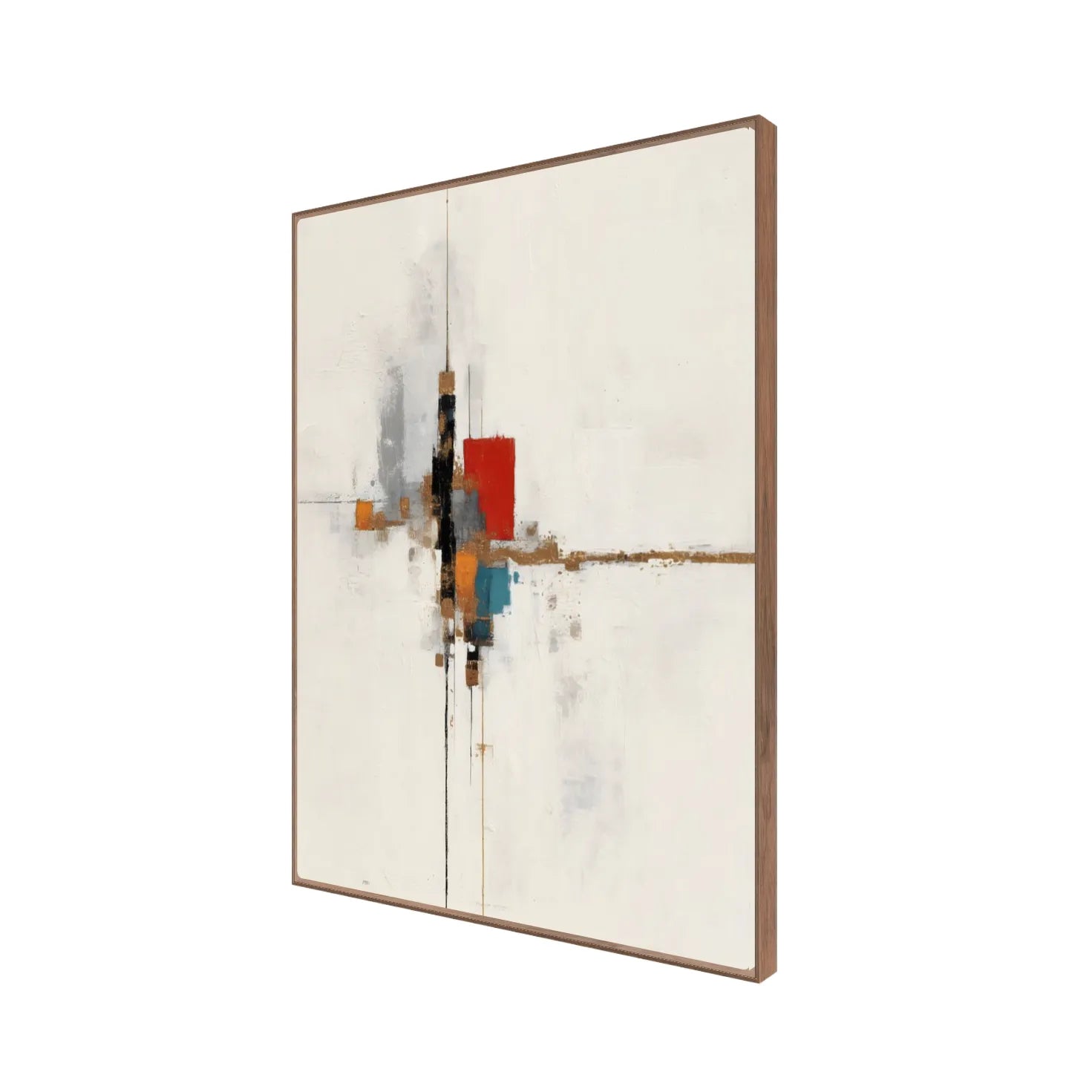 Side view of modern abstract satin canvas in walnut floating frame, featuring red, teal, charcoal, and ochre color blocks, 40 x 50 artwork
