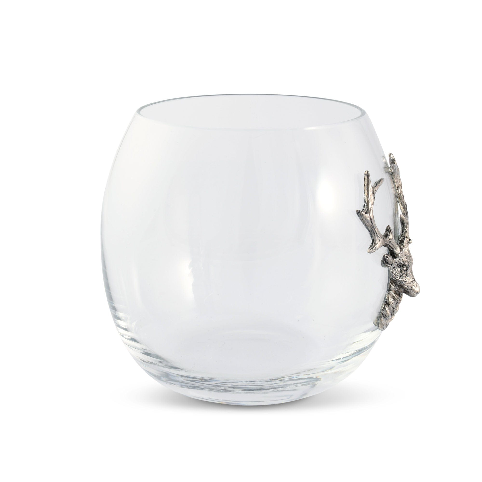 Clear glass tumbler with a silver deer head on a white background