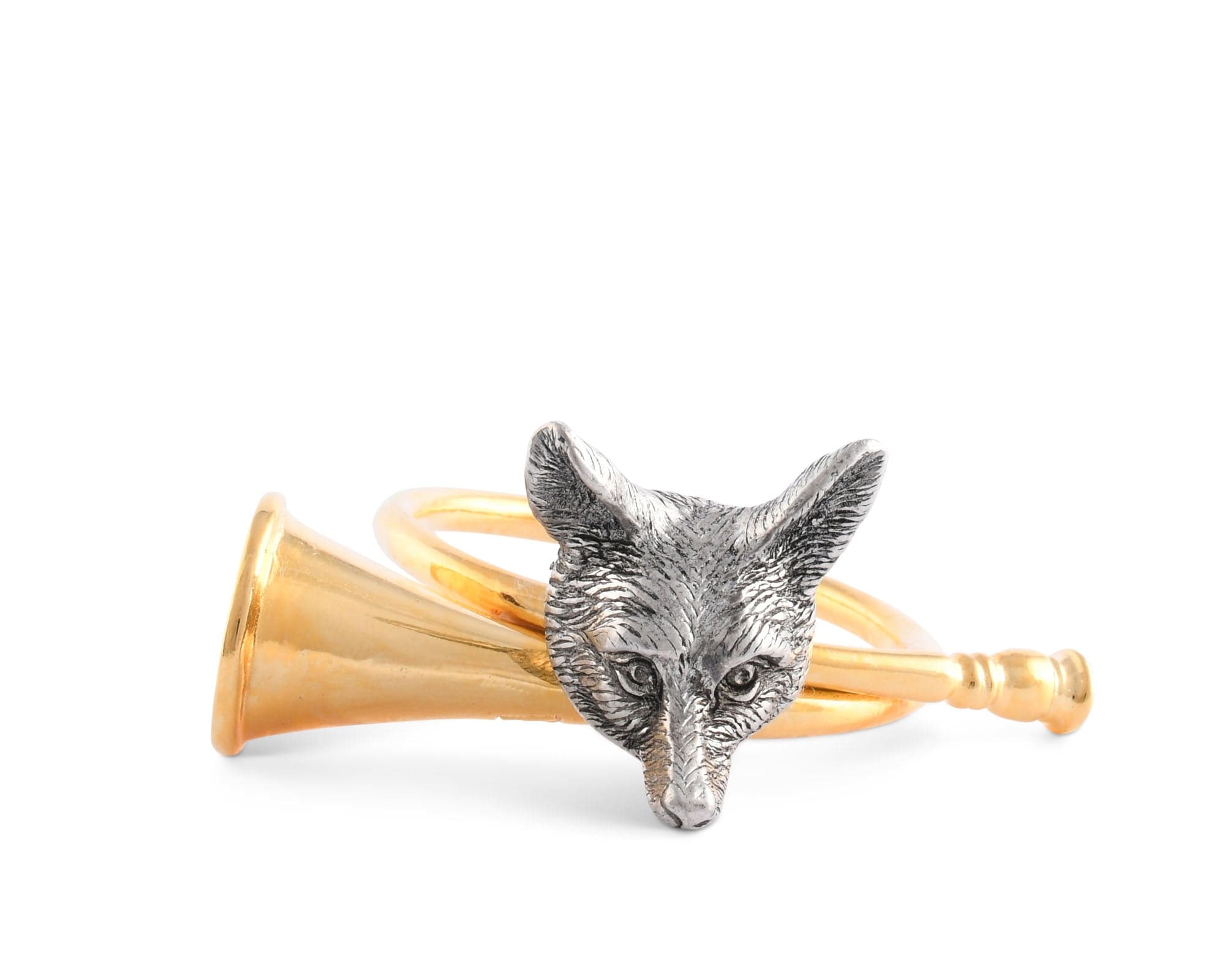 Front view of a gold-tone trumpet napkin ring with a pewter fox head on a white background