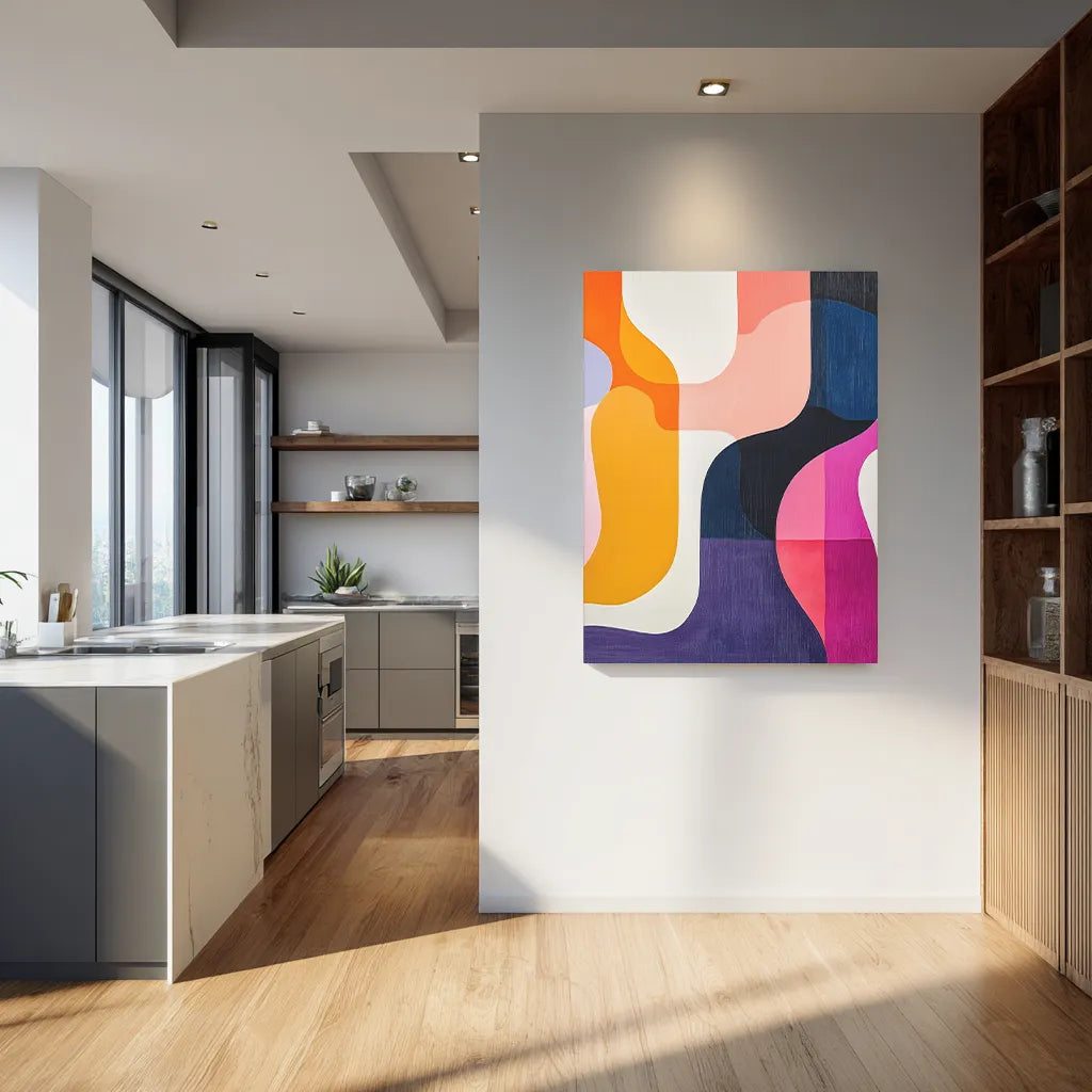 Modern kitchen with a colorful abstract painting on the wall