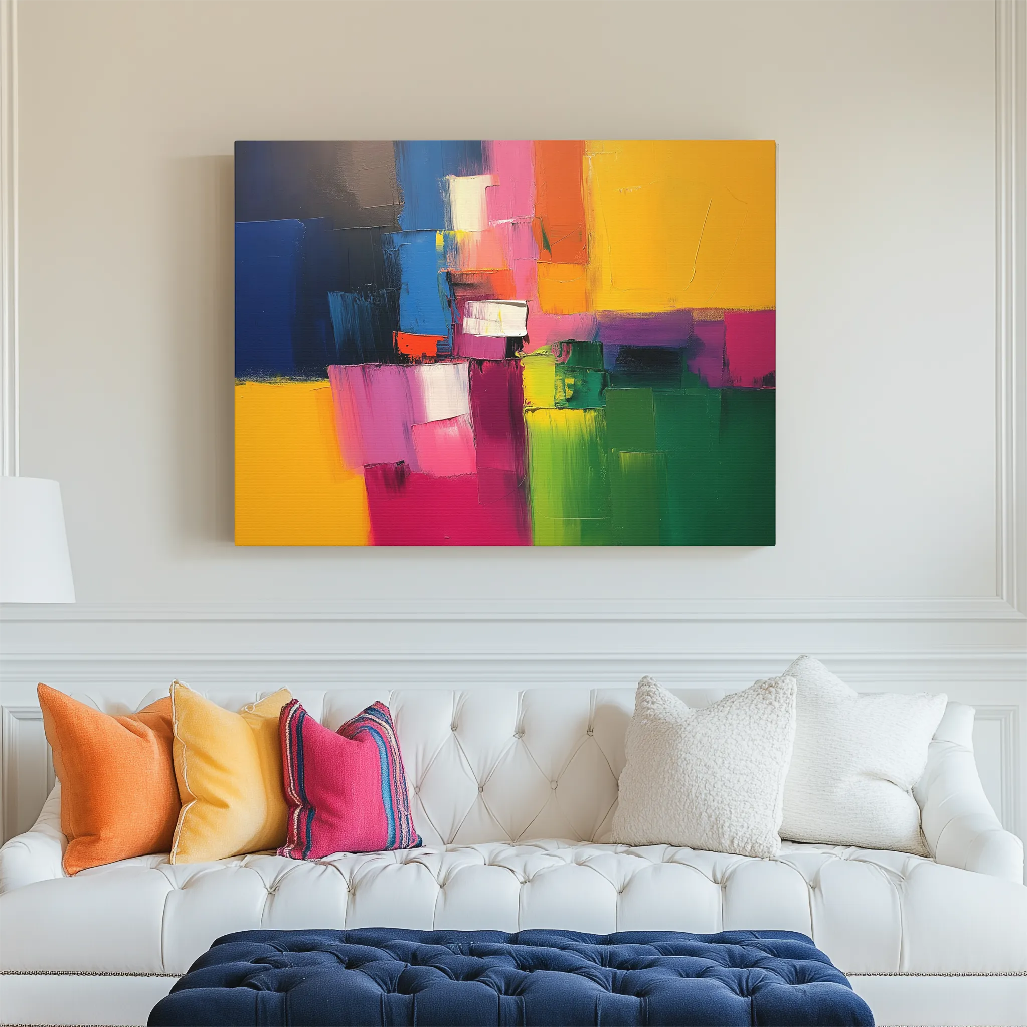 Colorful abstract painting on a wall above a white sofa with colorful cushions.