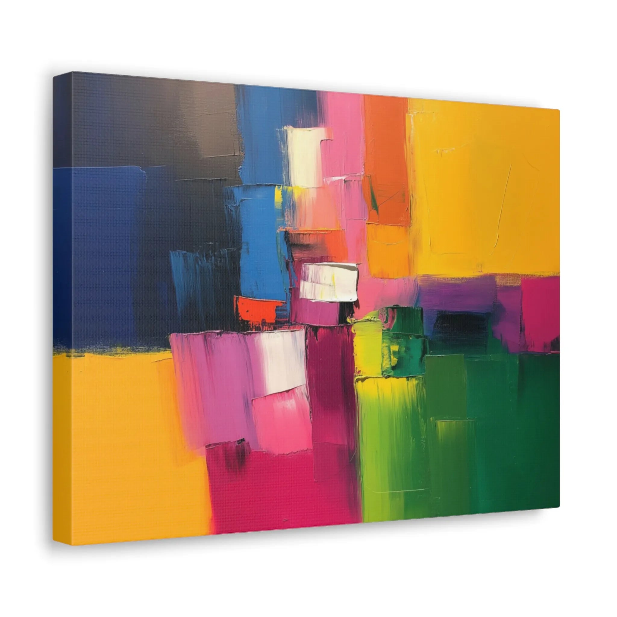 Abstract painting with colorful blocks on a white background - Side view