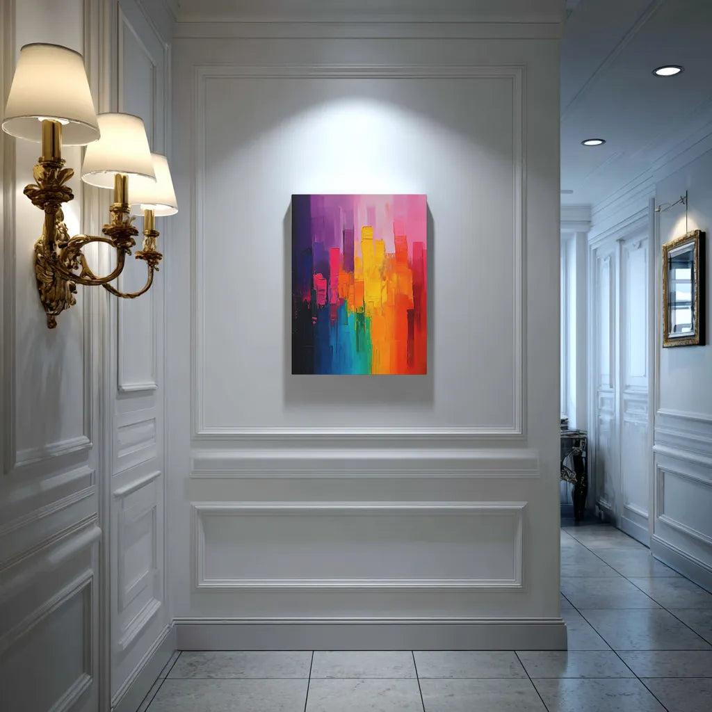 Colorful abstract painting on a white wall in a stylish hallway.
