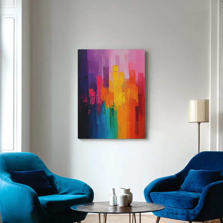 Colorful abstract painting on a white wall in a stylish hallway.