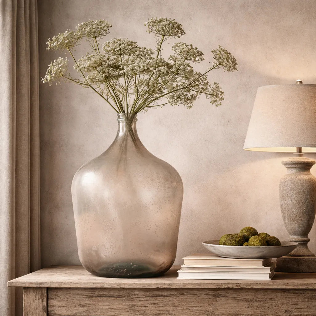 Decorative vase with flowers on a wooden surface next to a lamp and bowl of moss.