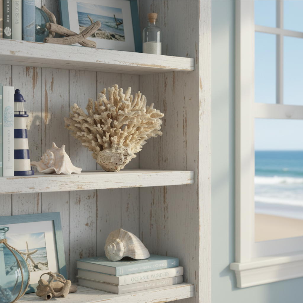 Shelving unit with coastal decor including an authentic vintage elkhorn coral specimen, lighthouse, books, and shell on a wooden wall.
