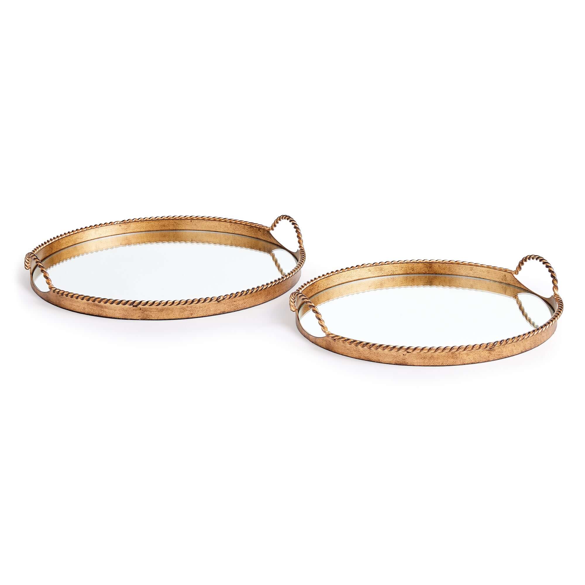 Two gold decorative trays on a white background