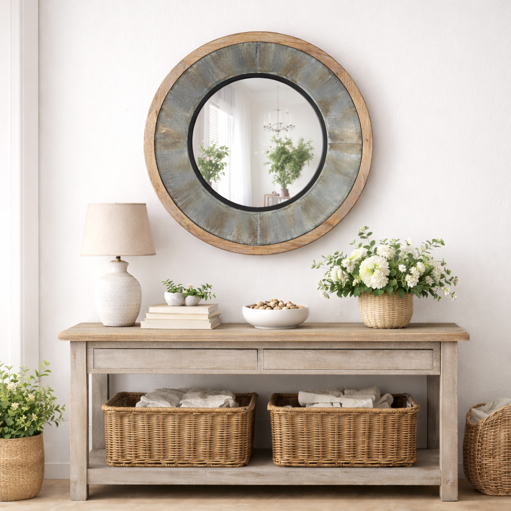 Vintage Industrial Round Wall Mirror with Wood and Metal Frame