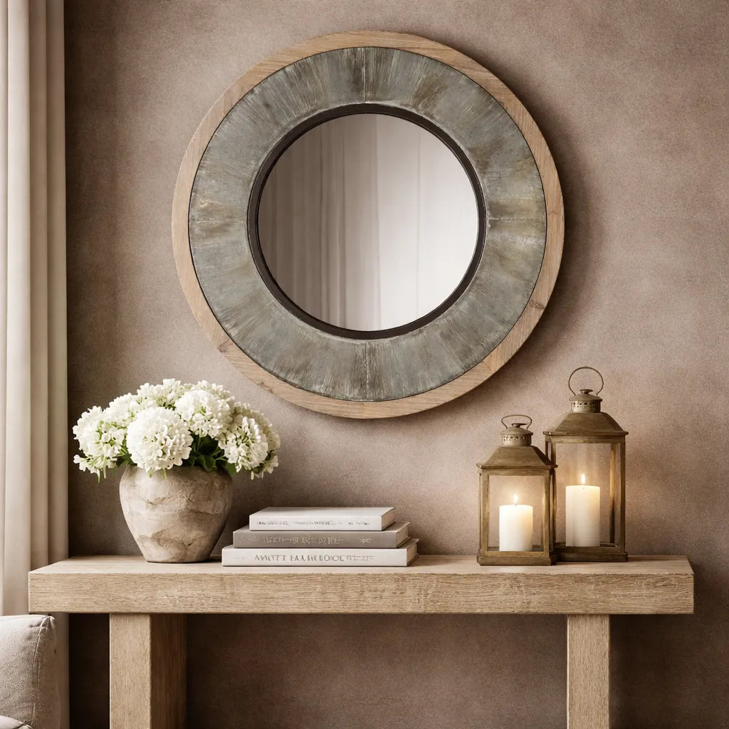 Round mirror with wooden frame above a wooden console table with decor items.