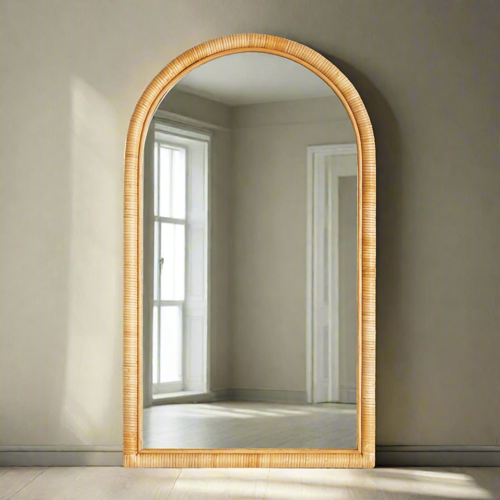 Arched mirror with wicker frame on a neutral wall