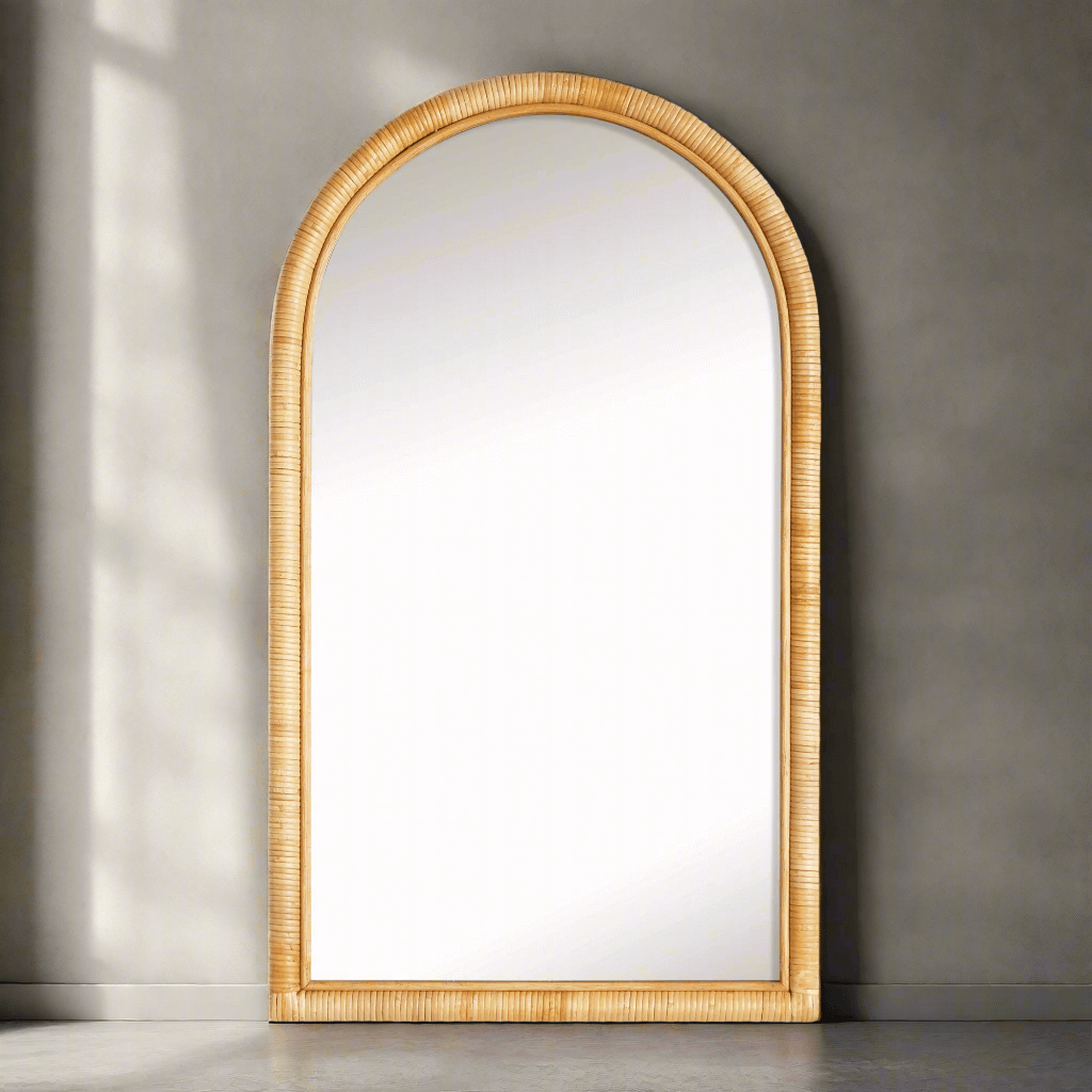 Arched mirror with rattan frame on a gray wall