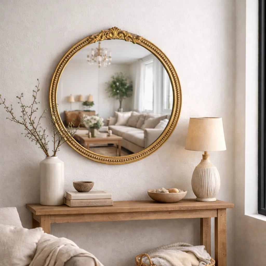 Decorative round mirror with gold frame on a wall above a wooden console table.