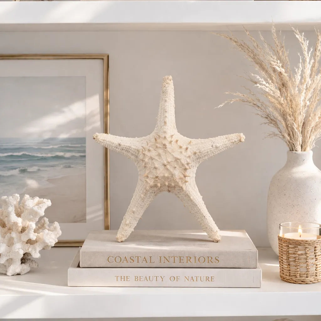 Decorative starfish on books with a coastal theme, framed artwork, and candle in the background.