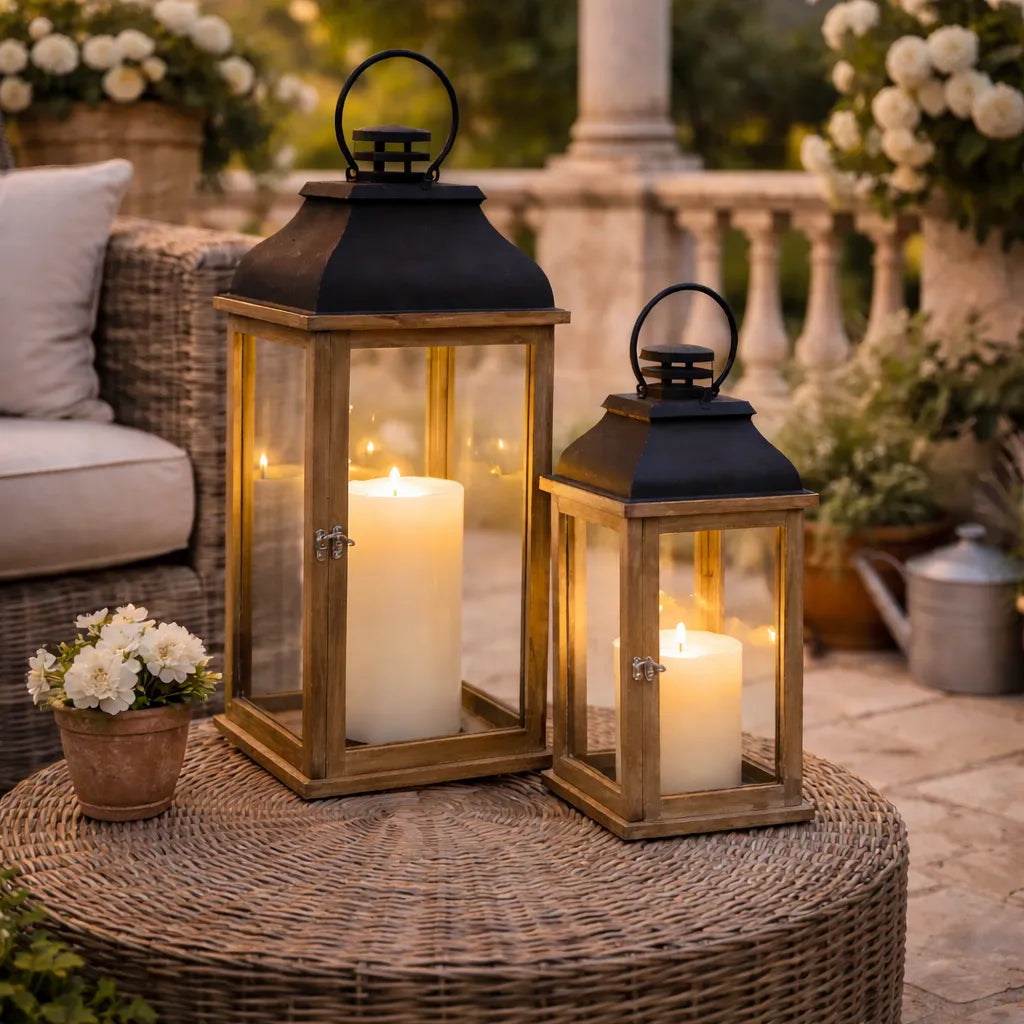 Vintage Wood and Metal Lantern Set with Glass Panels (Set of 2)