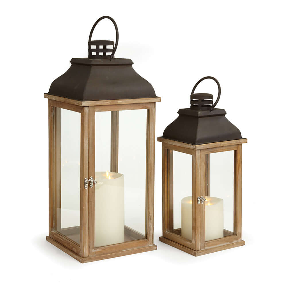 Vintage Wood and Metal Lantern Set with Glass Panels (Set of 2)