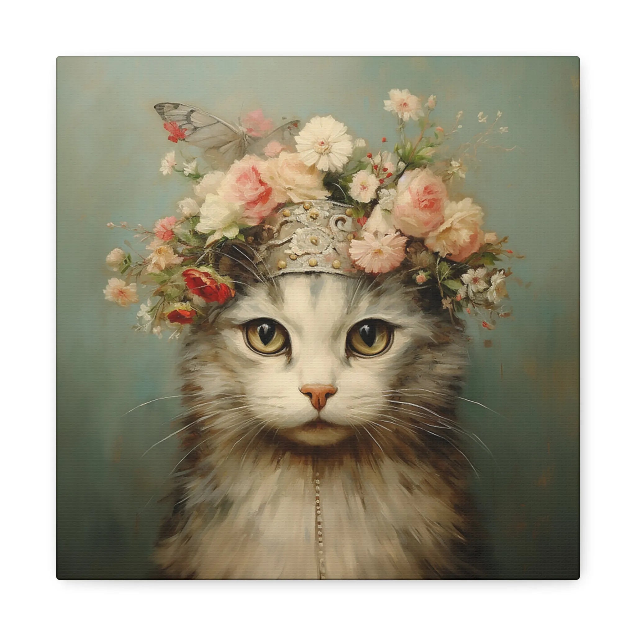 Cat with floral headpiece and butterfly on a green background