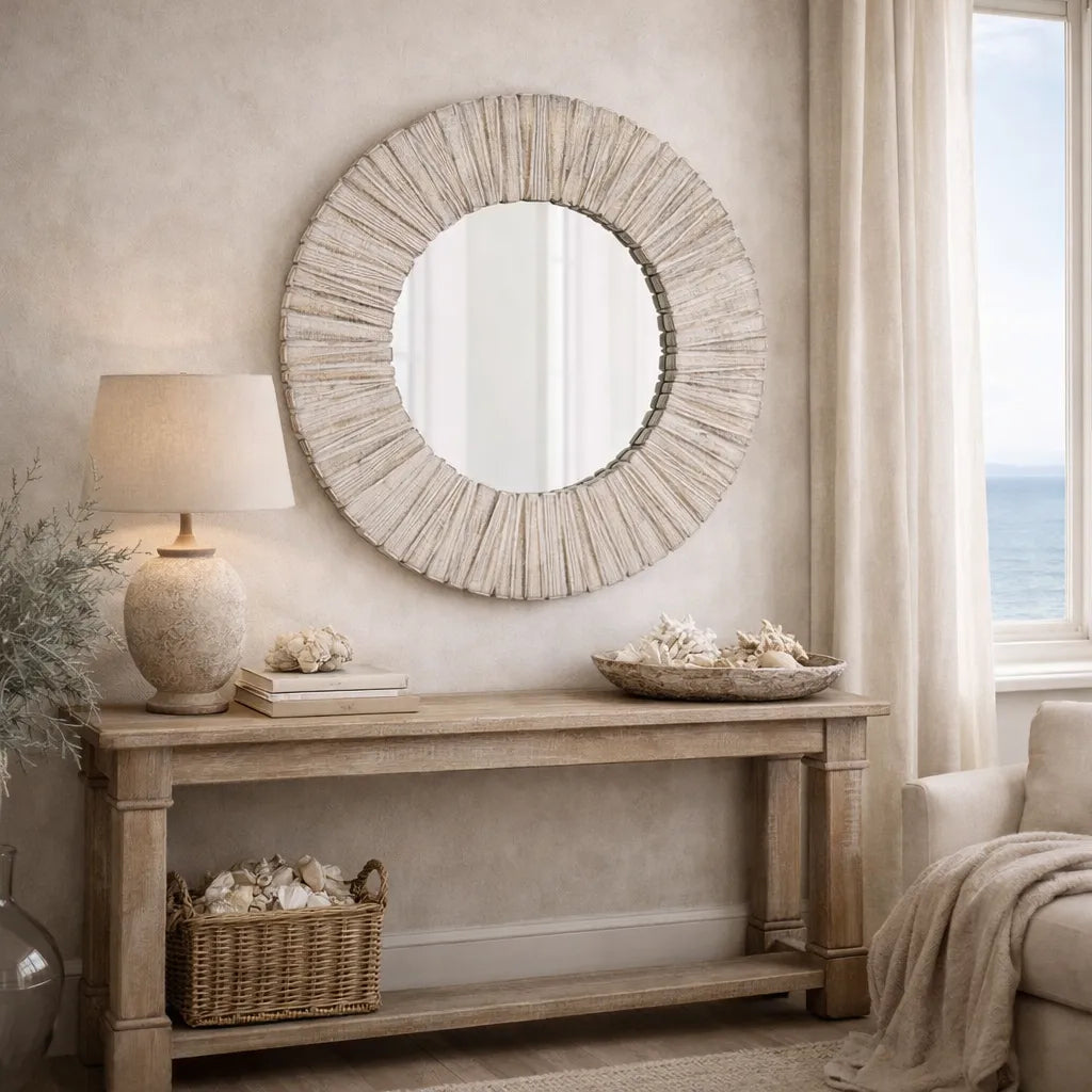 Whitewashed Wood Slat Round wooden mirror on a wall above a wooden console table with decorative items.