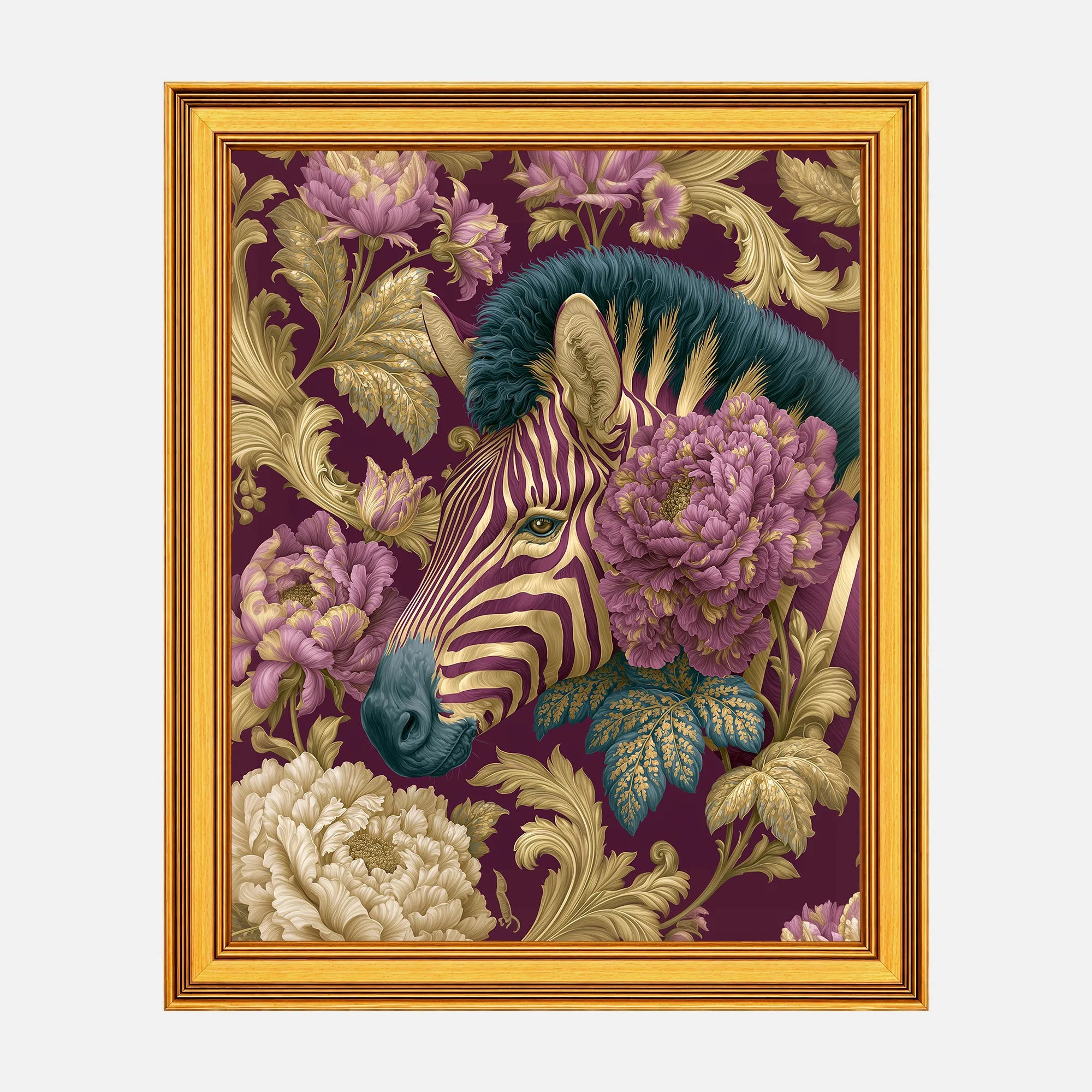 Zebra in Plum Peonies framed fine art print in a burnished antique gold frame, 20 x 25 inch print size with 23.5 x 28.5 inch framed dimensions.