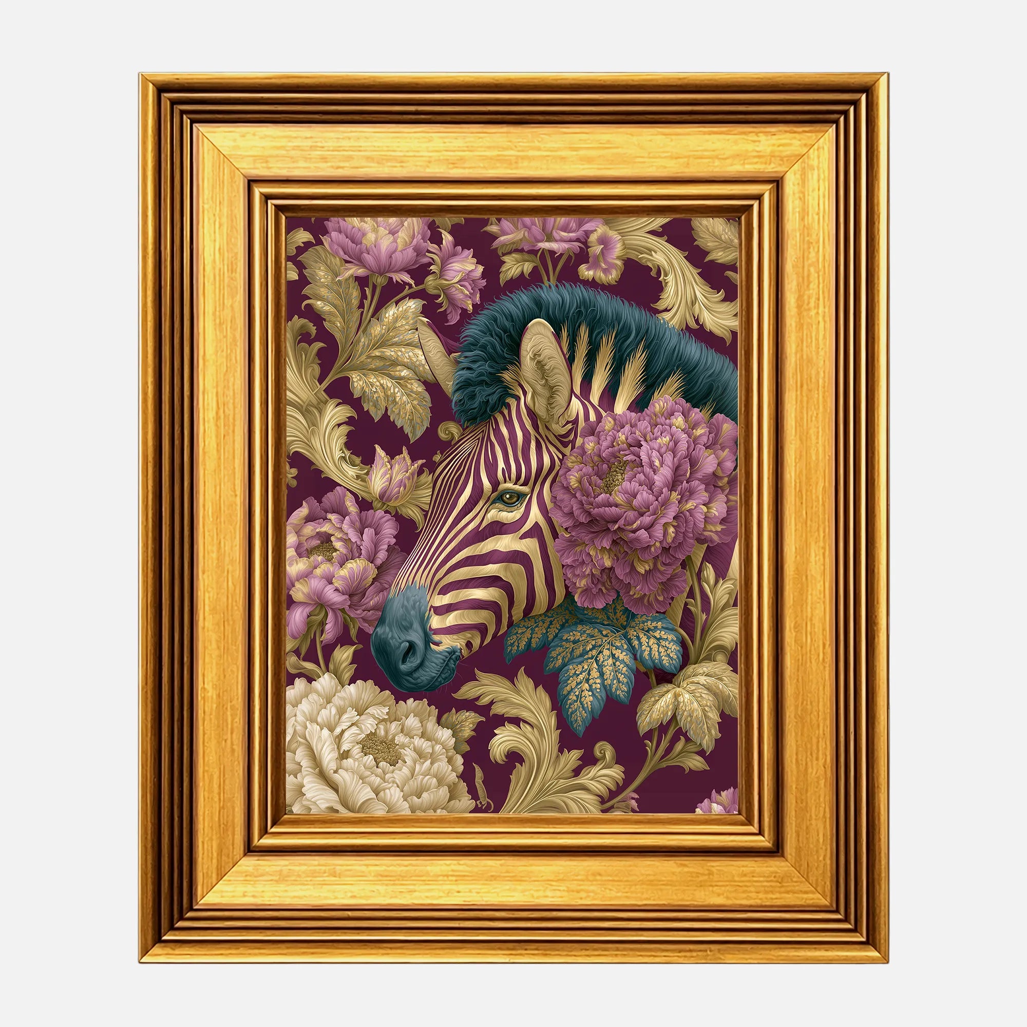 Zebra in Plum Peonies framed wall art in a burnished antique gold frame, 8 x 10 inch print size with 11.5 x 13.5 inch framed dimensions.