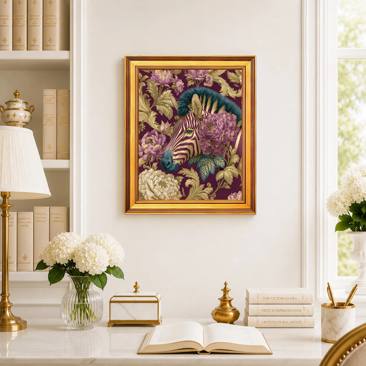 Zebra in Plum Peonies framed wall art displayed above a traditional desk with peonies, books, brass decor, and a burnished antique gold frame.