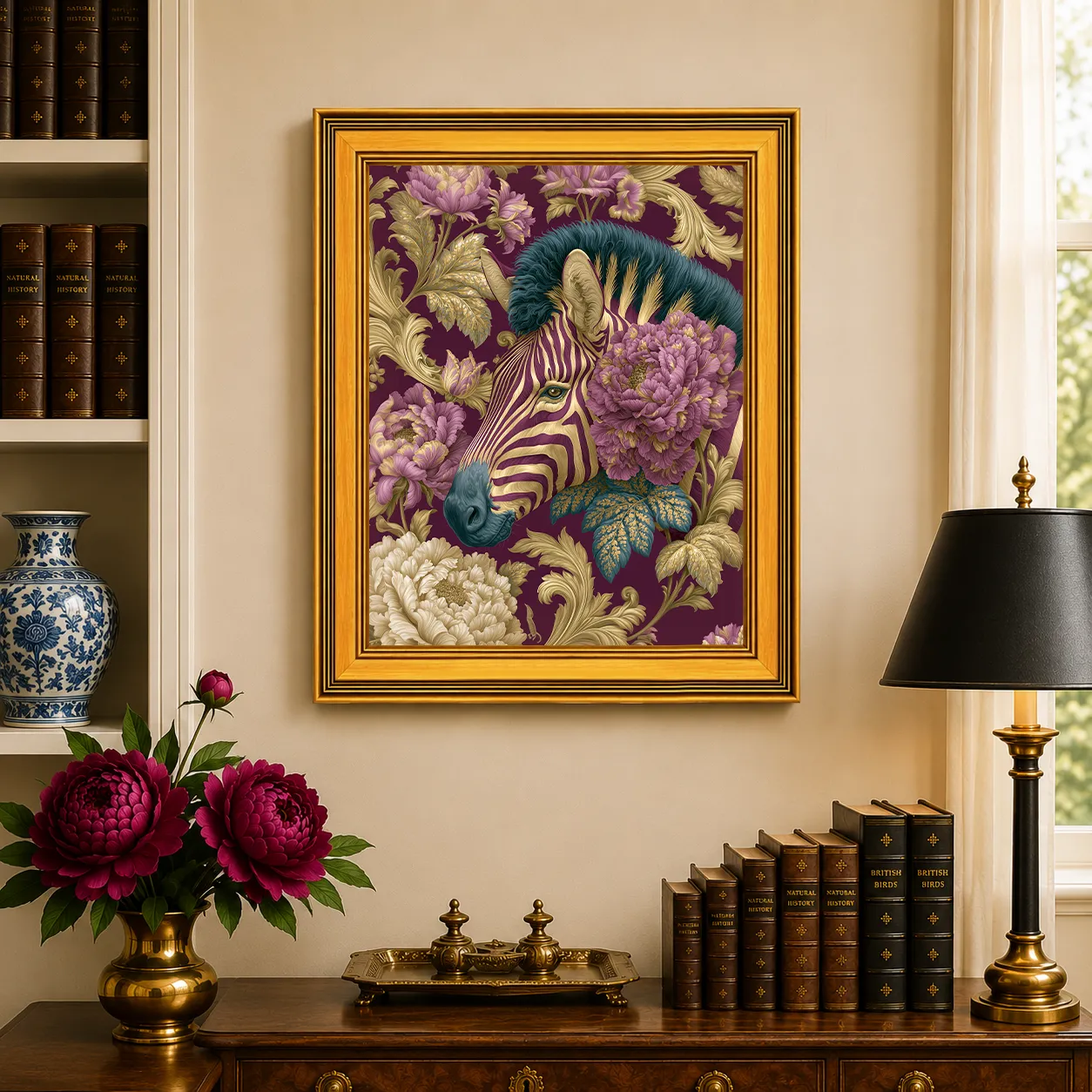 Large Zebra in Plum Peonies framed wall art displayed in a traditional study with peonies, antique books, brass accents, and a burnished antique gold frame.