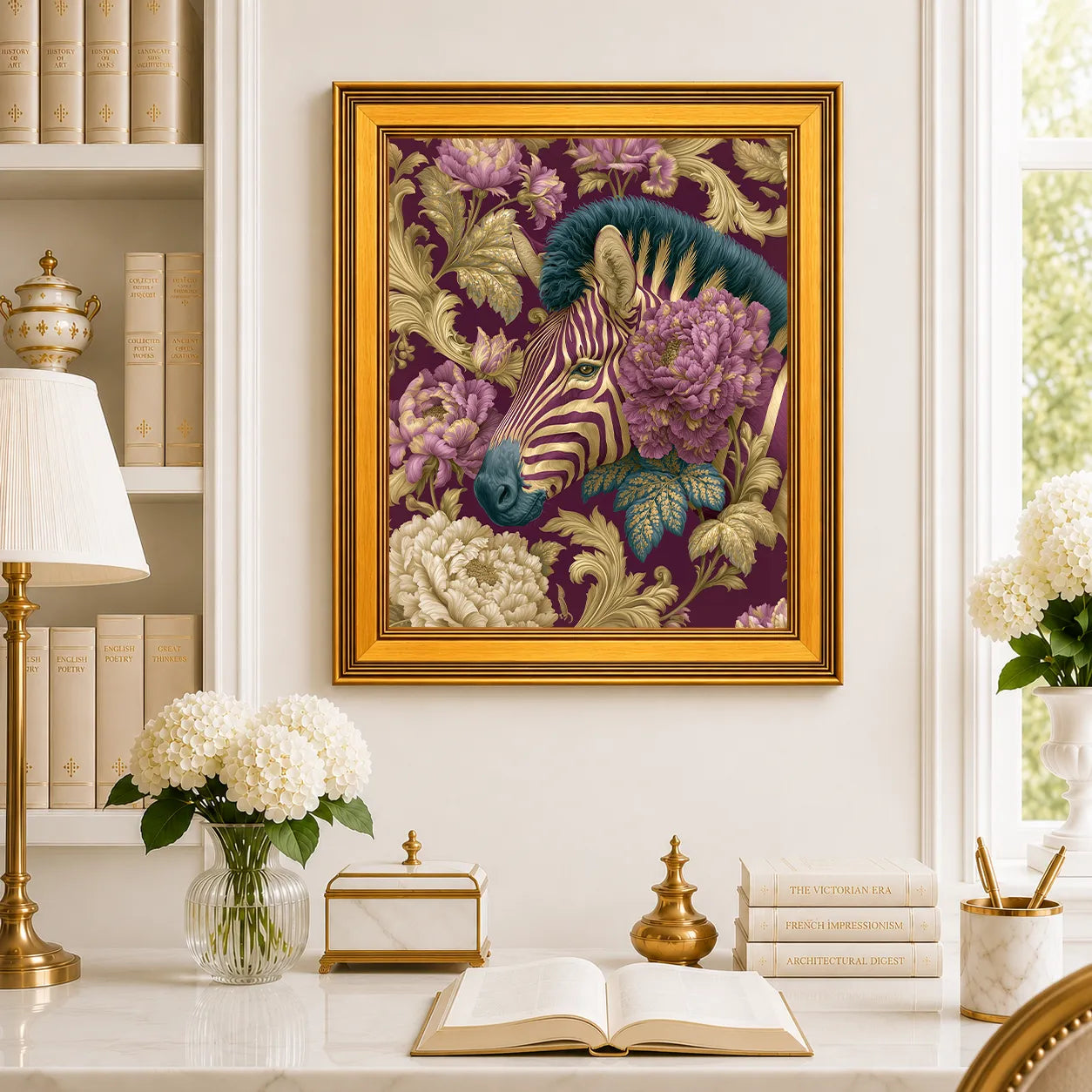 Large Zebra in Plum Peonies framed wall art displayed in a traditional study with peonies, antique books, brass accents, and a burnished antique gold frame.