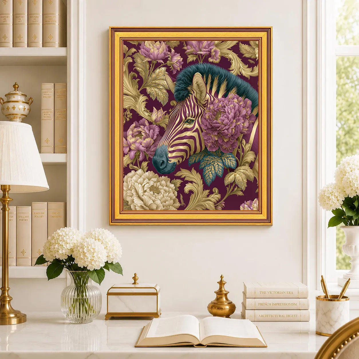 Large Zebra in Plum Peonies framed wall art displayed in a traditional study with peonies, antique books, brass accents, and a burnished antique gold frame.