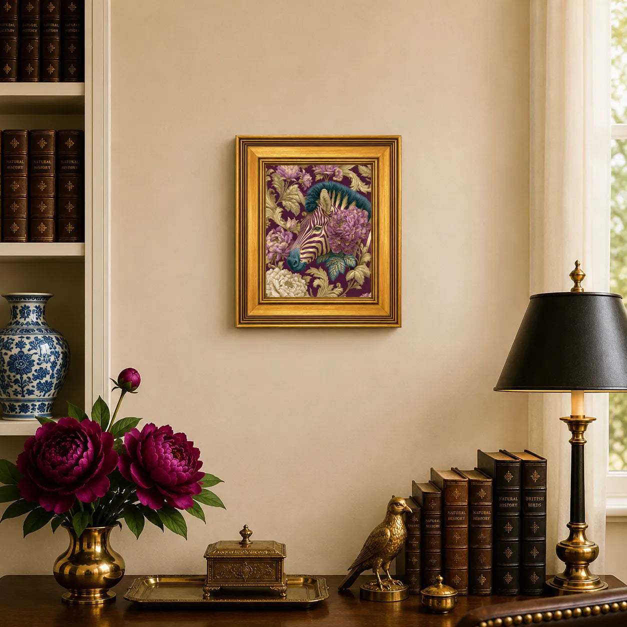Small Zebra in Plum Peonies framed wall art displayed in an elegant traditional study with antique books, peonies, brass accents, and a burnished antique gold frame.