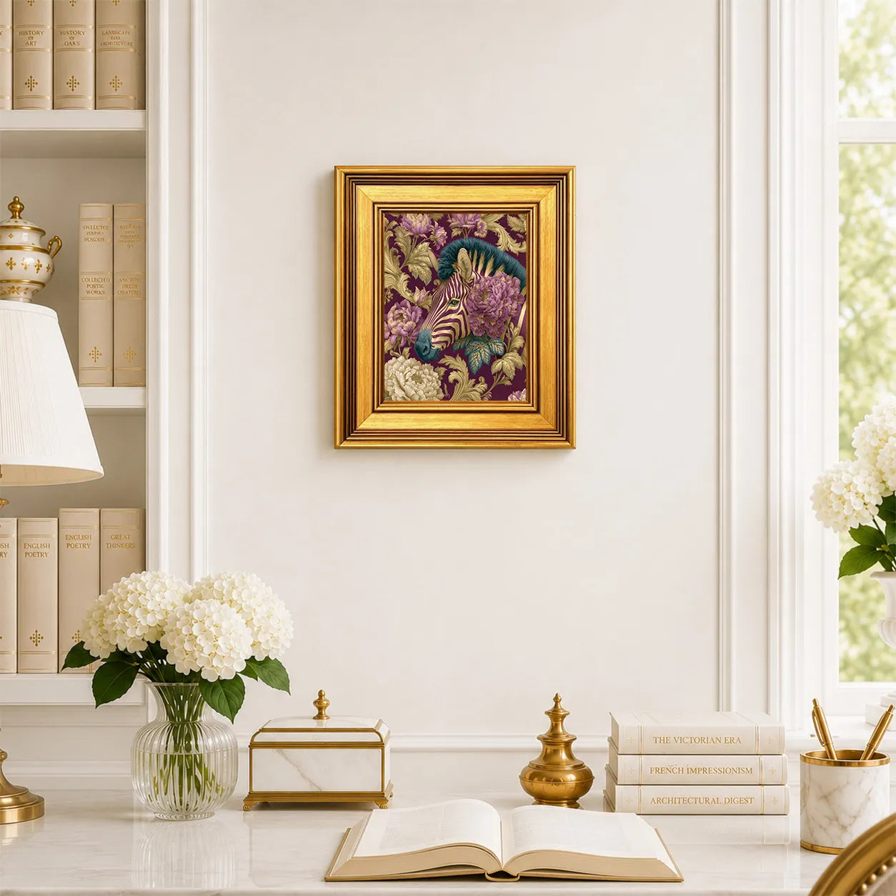 Small Zebra in Plum Peonies framed wall art displayed in an elegant traditional study with antique books, peonies, brass accents, and a burnished antique gold frame.