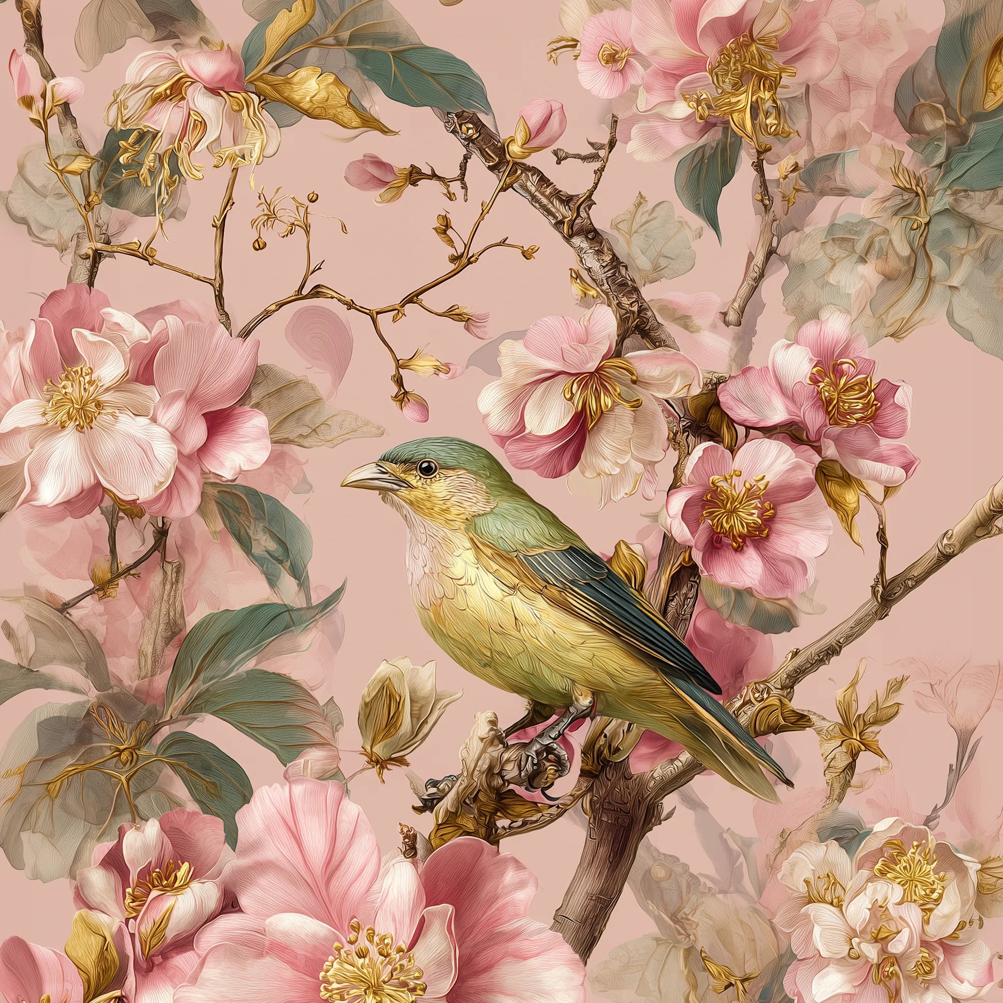 Aviary Collection bird wall art by House of Jewel Chintz featuring a songbird surrounded by pink peonies in a botanical fine art design.