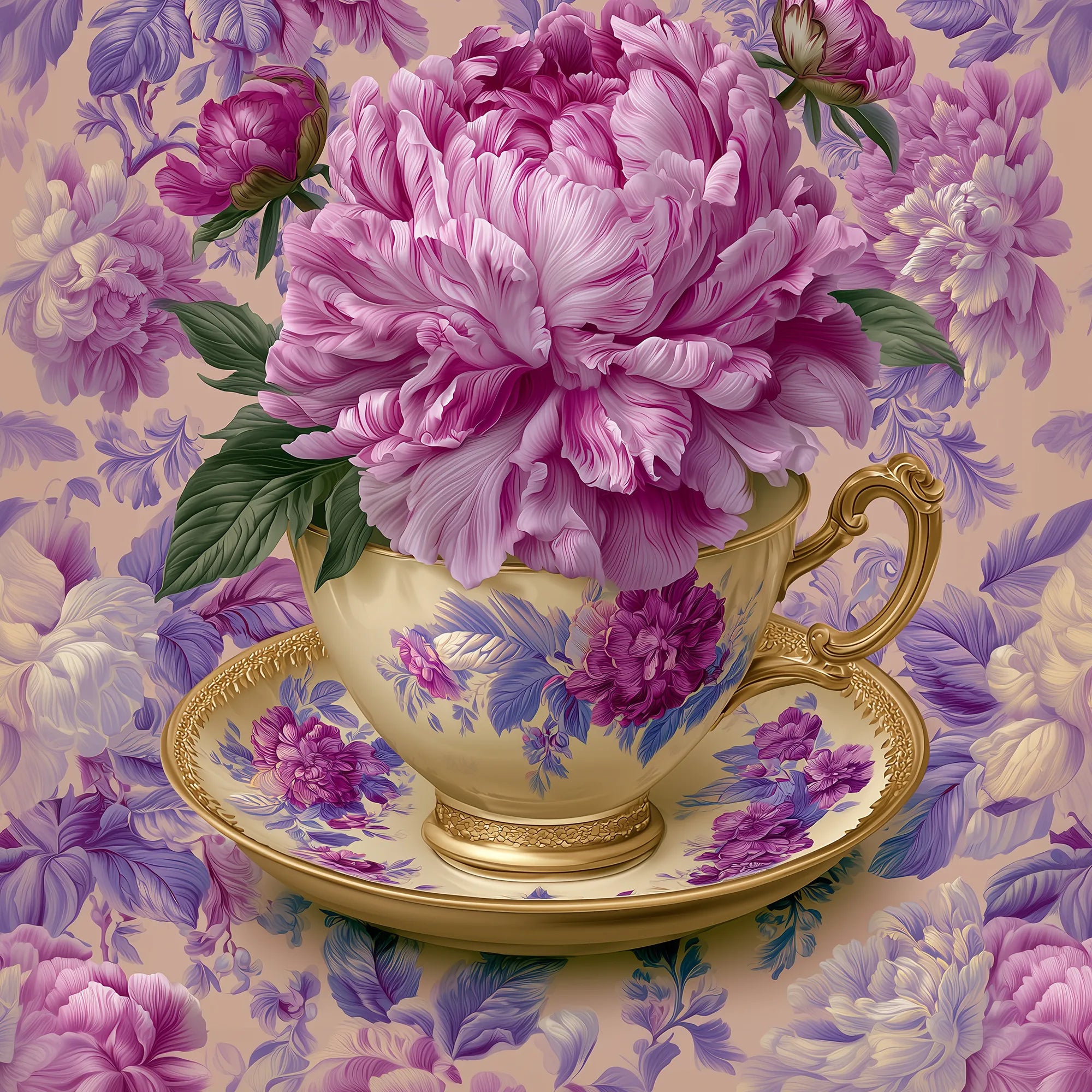 Tea Salon Collection by House of Jewel Chintz featuring elegant tea artwork, chinoiserie influences, floral arrangements, and heirloom-inspired still-life compositions.