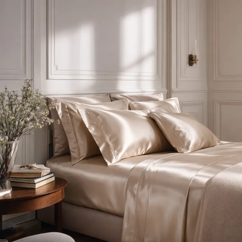 Luxury satin bedding in a neutral styled bedroom