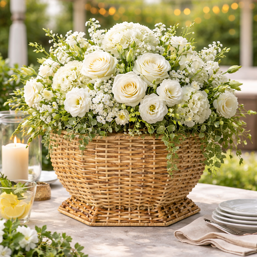 Floral arrangement in a wicker planter  basket on a table with candles and plates.