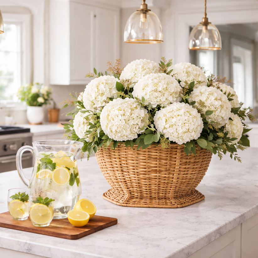 Wicker planter of white flowers on a kitchen counter with lemon water pitcher