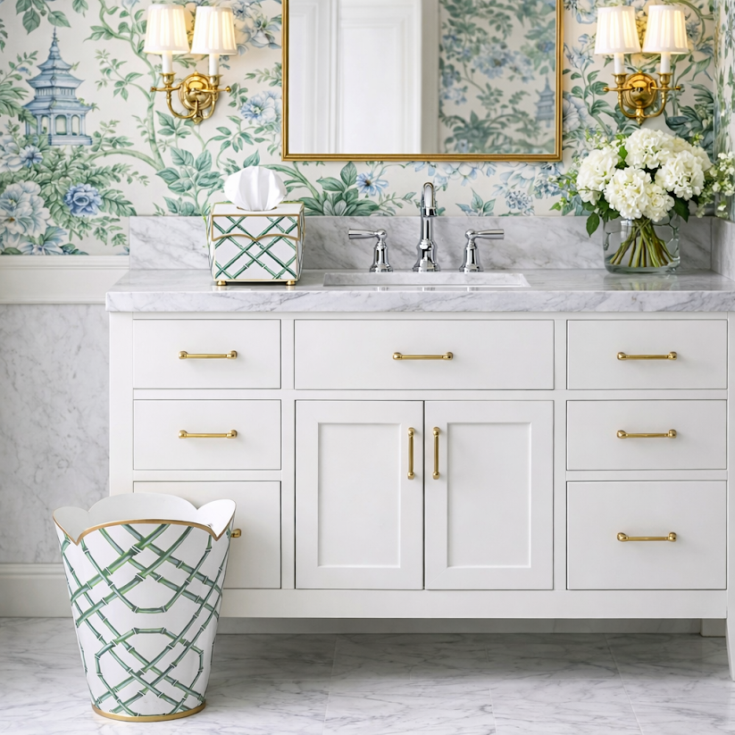 Bathroom vanity with marble countertop, floral wallpaper, and decorative elements.