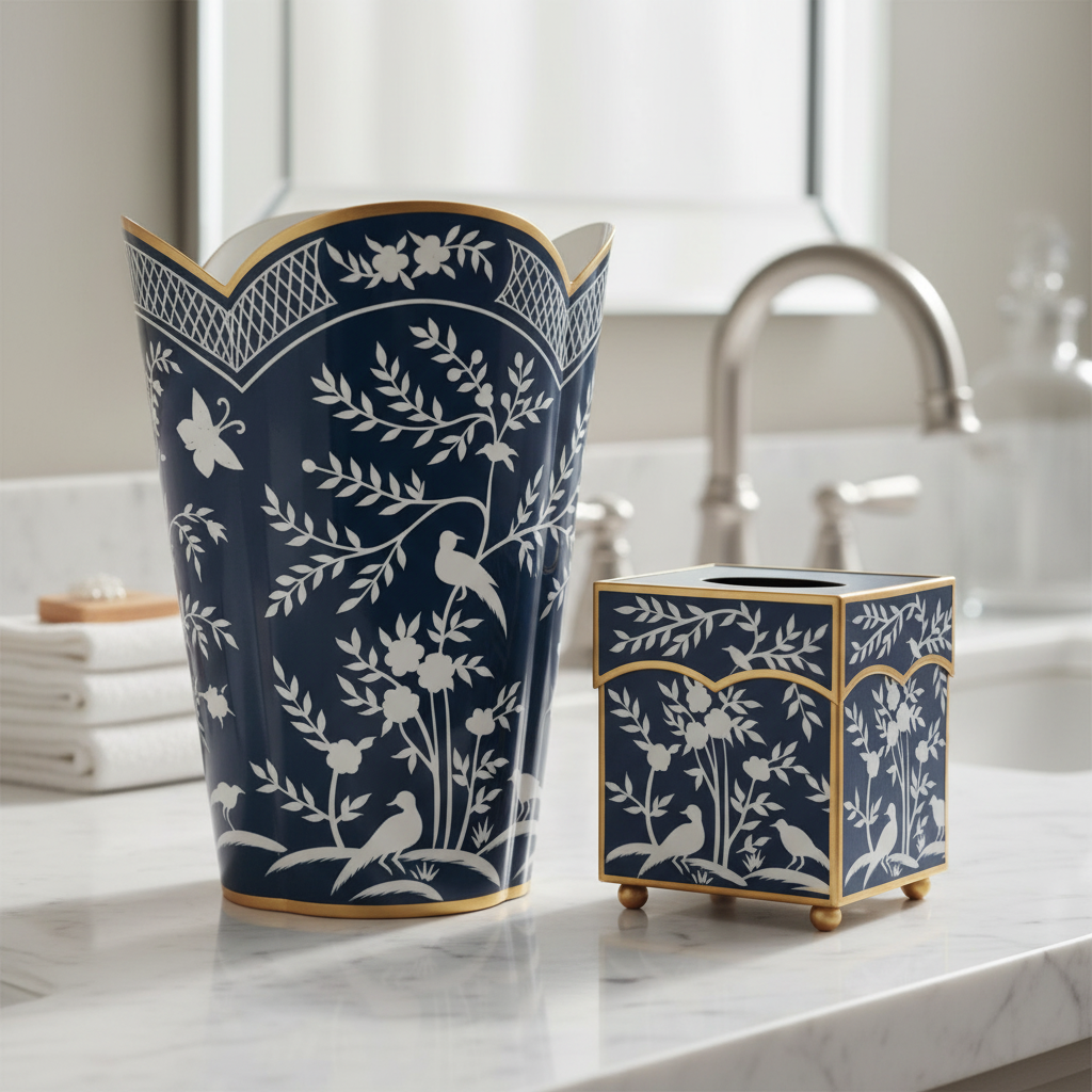 Navy blue and white patterned trash can and box on a marble surface.