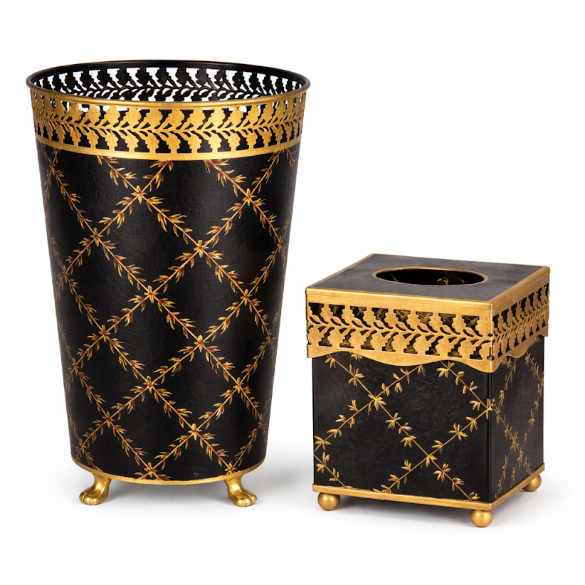 Decorative black and gold trash can and tissue box set on a white background