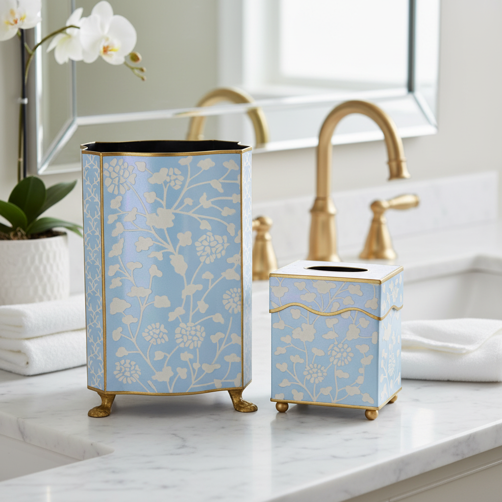 Decorative pale blue and white wastepaper basket can and tissue holder set with floral pattern on marble bathroom counter.