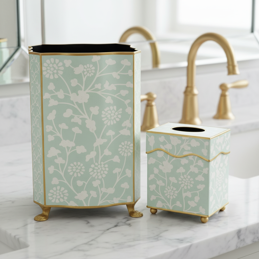 Decorative trash can and tissue box with floral pattern on a marble countertop.