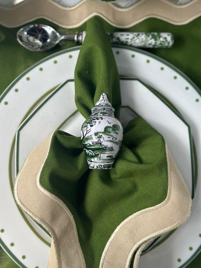 Green & White Village Scene Ginger Jar Set of 4 Napkin Ring
