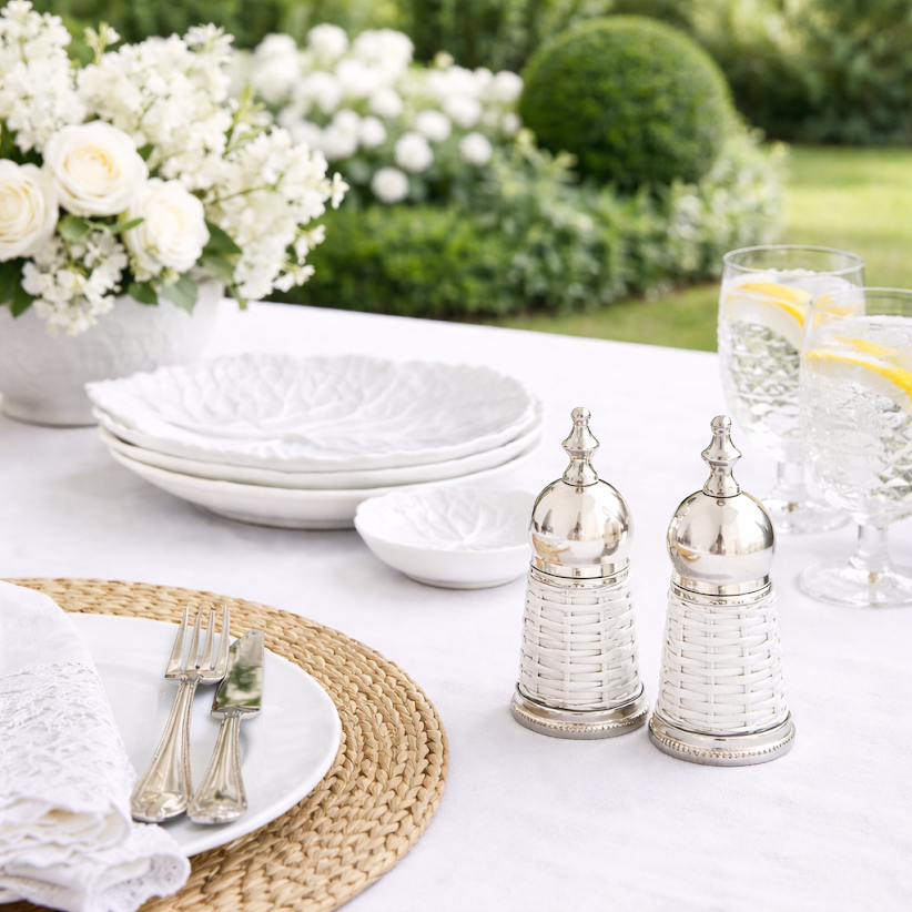Outdoor table setting with silver salt and pepper shakers, white plates, and flowers.