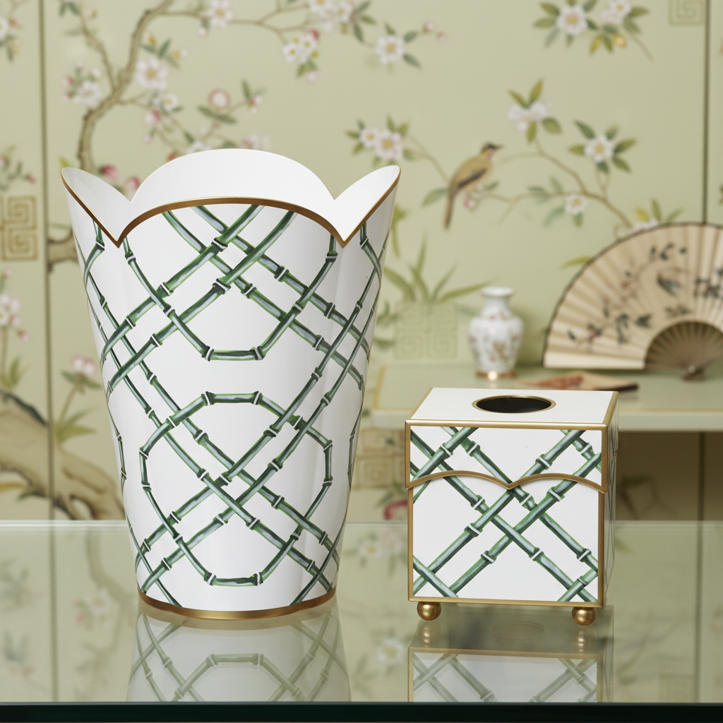 Decorative white trash can and tissue holder with green bamboo lattice pattern on a reflective surface with floral chinoiserie wallpaper in the background.