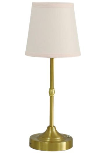 Antique Gold Metal Mini Rechargeable Lamp with Soft Pink Shade