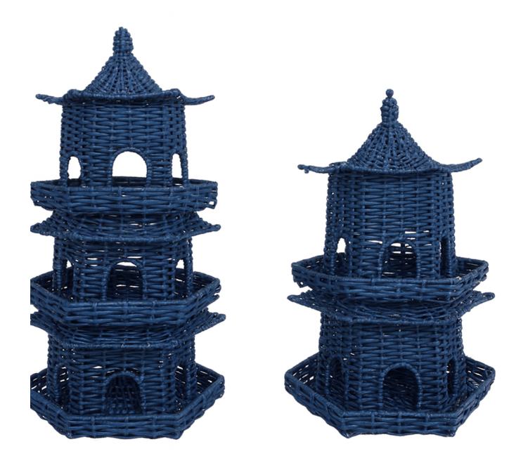 Two blue wicker pagoda lanterns on a white background