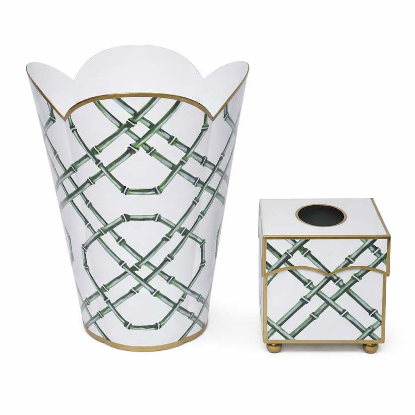 Decorative white trash can and tissue box holder with green bamboo lattice pattern on a white background
