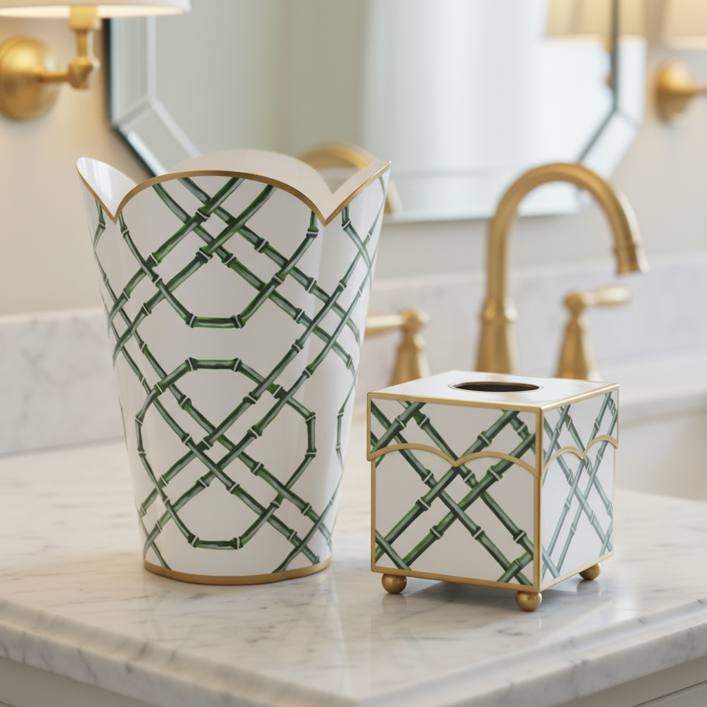 Decorative white trash can and tissue holder with green bamboo lattice design on a bathroom counter.