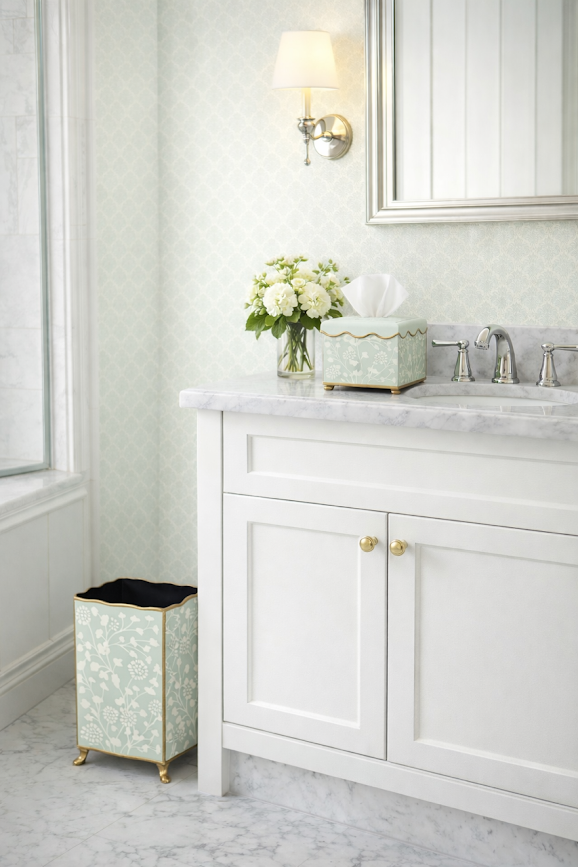Bathroom vanity with white cabinets, marble countertop, and decorative trash can.