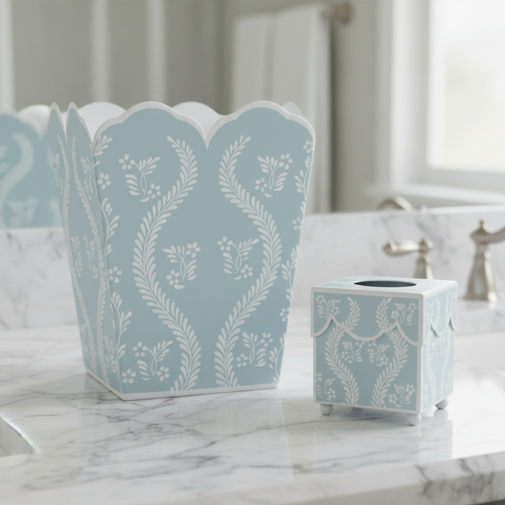 Decorative blue and white wastepaper basket and tissue holder on a marble surface in a bathroom